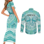 Aussie Nurse Personalised Couples Matching Short Sleeve Bodycon Dress and Long Sleeve Button Shirt Turquoise Stethoscope Coquette Bow Aboriginal Dot Art
