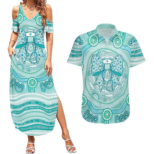 Aussie Nurse Personalised Couples Matching Summer Maxi Dress and Hawaiian Shirt Turquoise Stethoscope Coquette Bow Aboriginal Dot Art