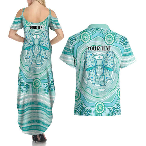 Aussie Nurse Personalised Couples Matching Summer Maxi Dress and Hawaiian Shirt Turquoise Stethoscope Coquette Bow Aboriginal Dot Art