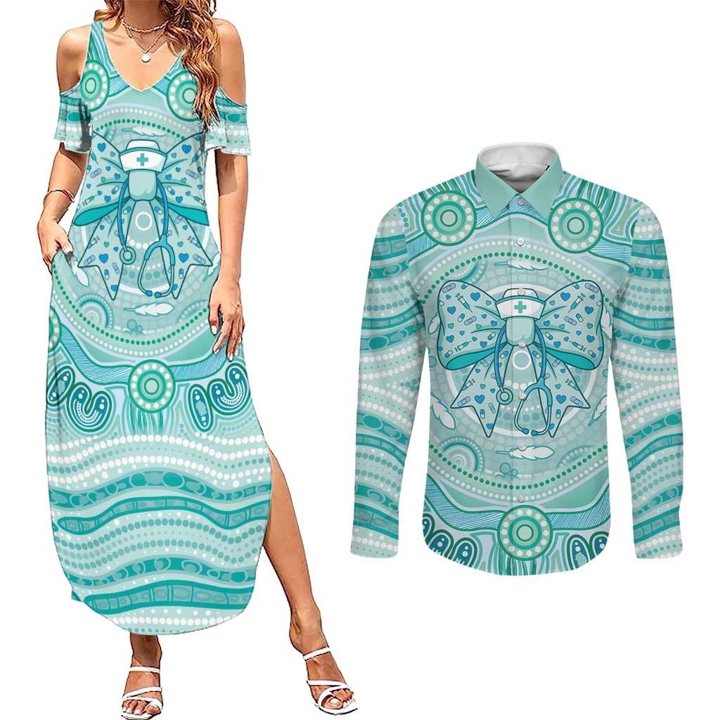 Aussie Nurse Personalised Couples Matching Summer Maxi Dress and Long Sleeve Button Shirt Turquoise Stethoscope Coquette Bow Aboriginal Dot Art