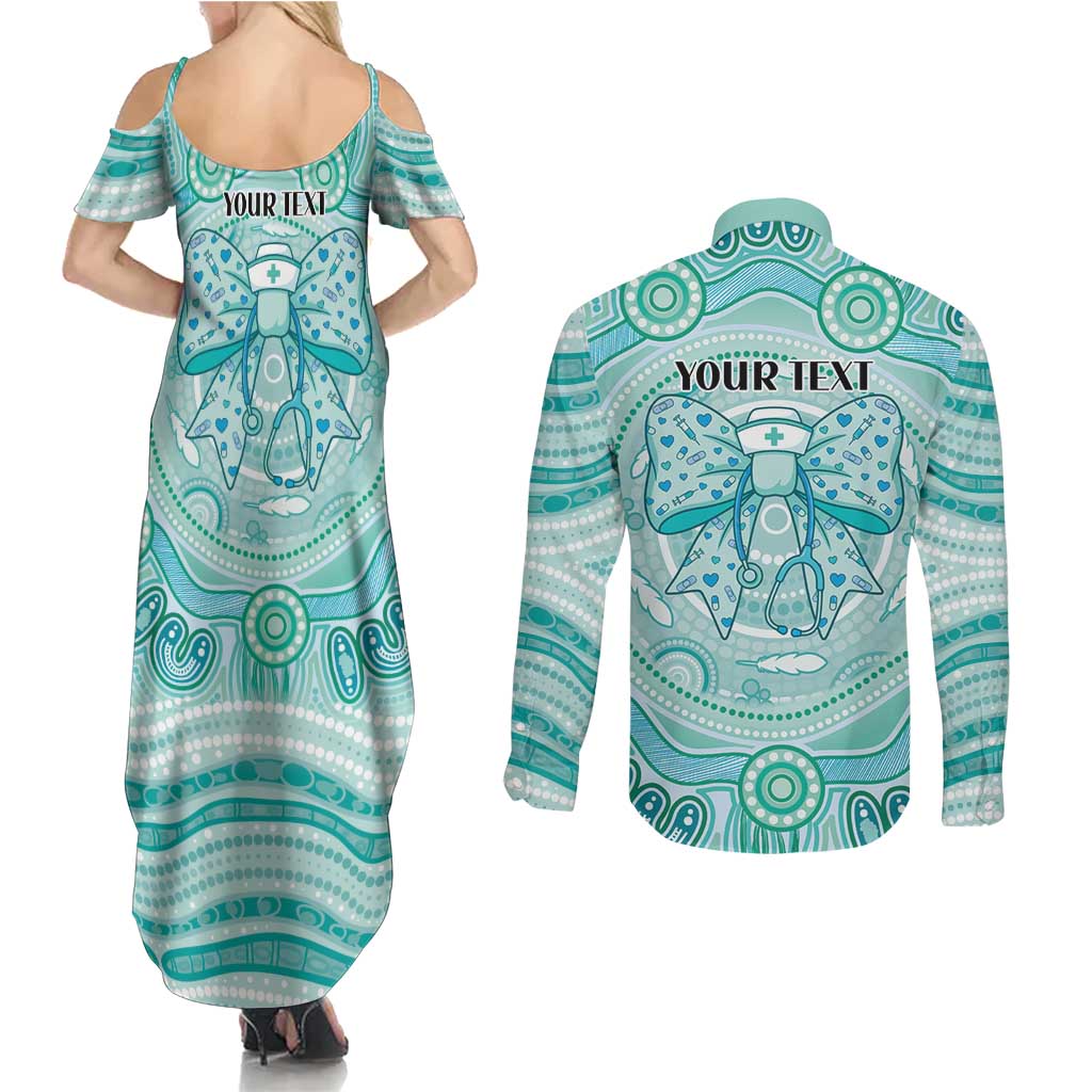 Aussie Nurse Personalised Couples Matching Summer Maxi Dress and Long Sleeve Button Shirt Turquoise Stethoscope Coquette Bow Aboriginal Dot Art