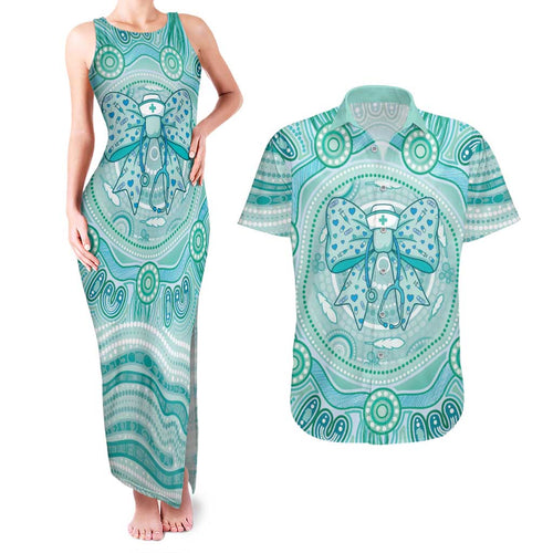 Aussie Nurse Personalised Couples Matching Tank Maxi Dress and Hawaiian Shirt Turquoise Stethoscope Coquette Bow Aboriginal Dot Art