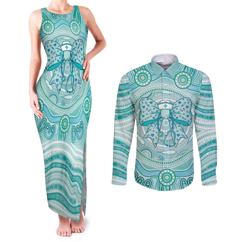 Aussie Nurse Personalised Couples Matching Tank Maxi Dress and Long Sleeve Button Shirt Turquoise Stethoscope Coquette Bow Aboriginal Dot Art