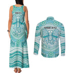 Aussie Nurse Personalised Couples Matching Tank Maxi Dress and Long Sleeve Button Shirt Turquoise Stethoscope Coquette Bow Aboriginal Dot Art