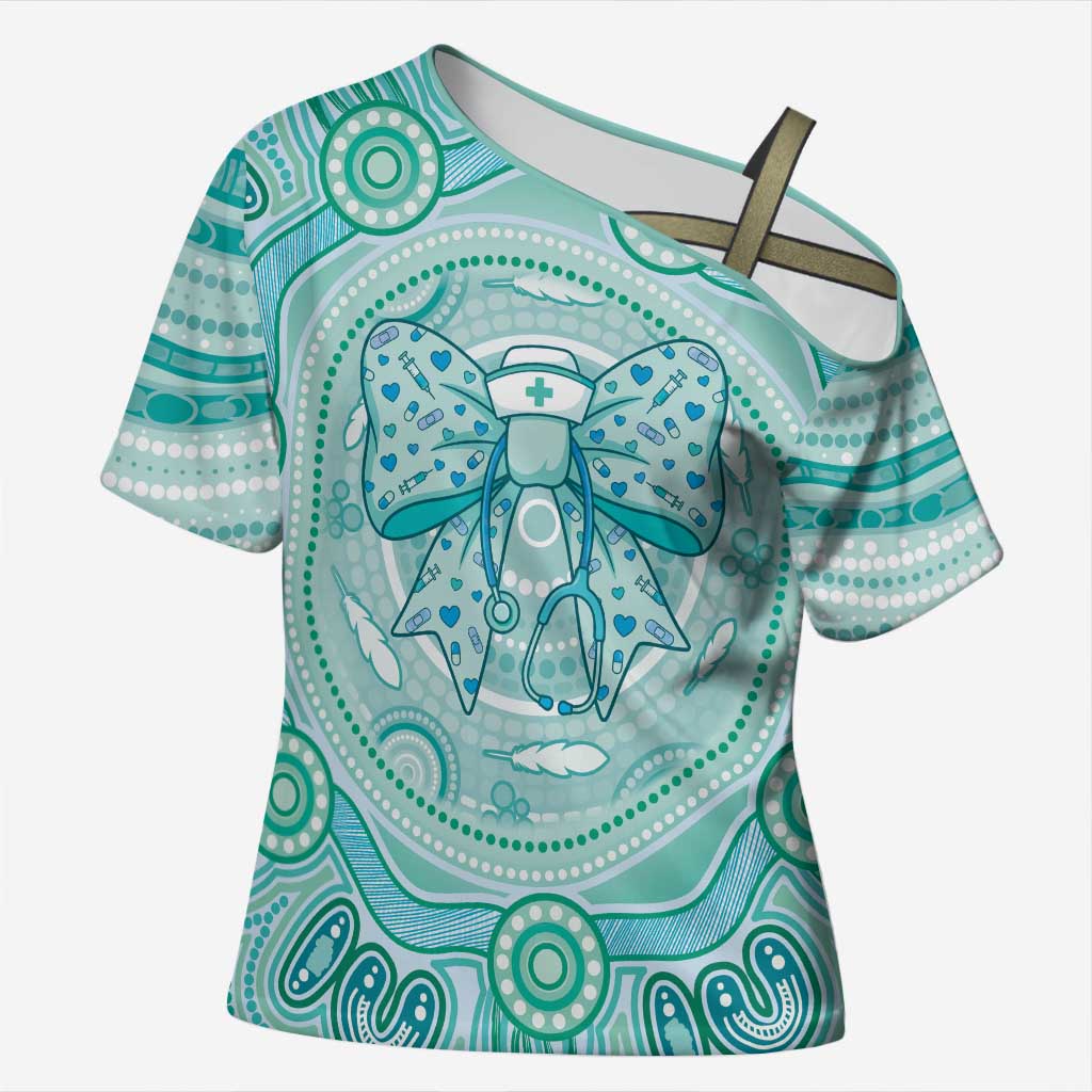 Aussie Nurse Personalised Cross Shoulder Shirt Turquoise Stethoscope Coquette Bow Aboriginal Dot Art