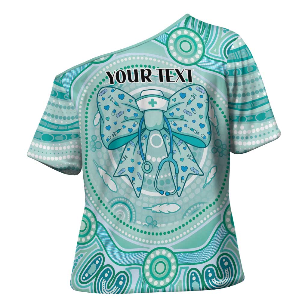 Aussie Nurse Personalised Cross Shoulder Shirt Turquoise Stethoscope Coquette Bow Aboriginal Dot Art