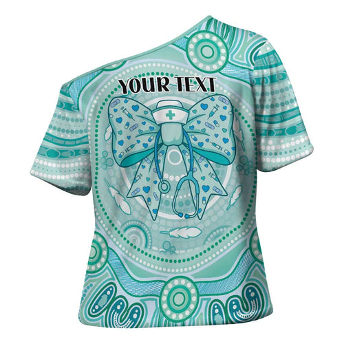Aussie Nurse Personalised Cross Shoulder Shirt Turquoise Stethoscope Coquette Bow Aboriginal Dot Art