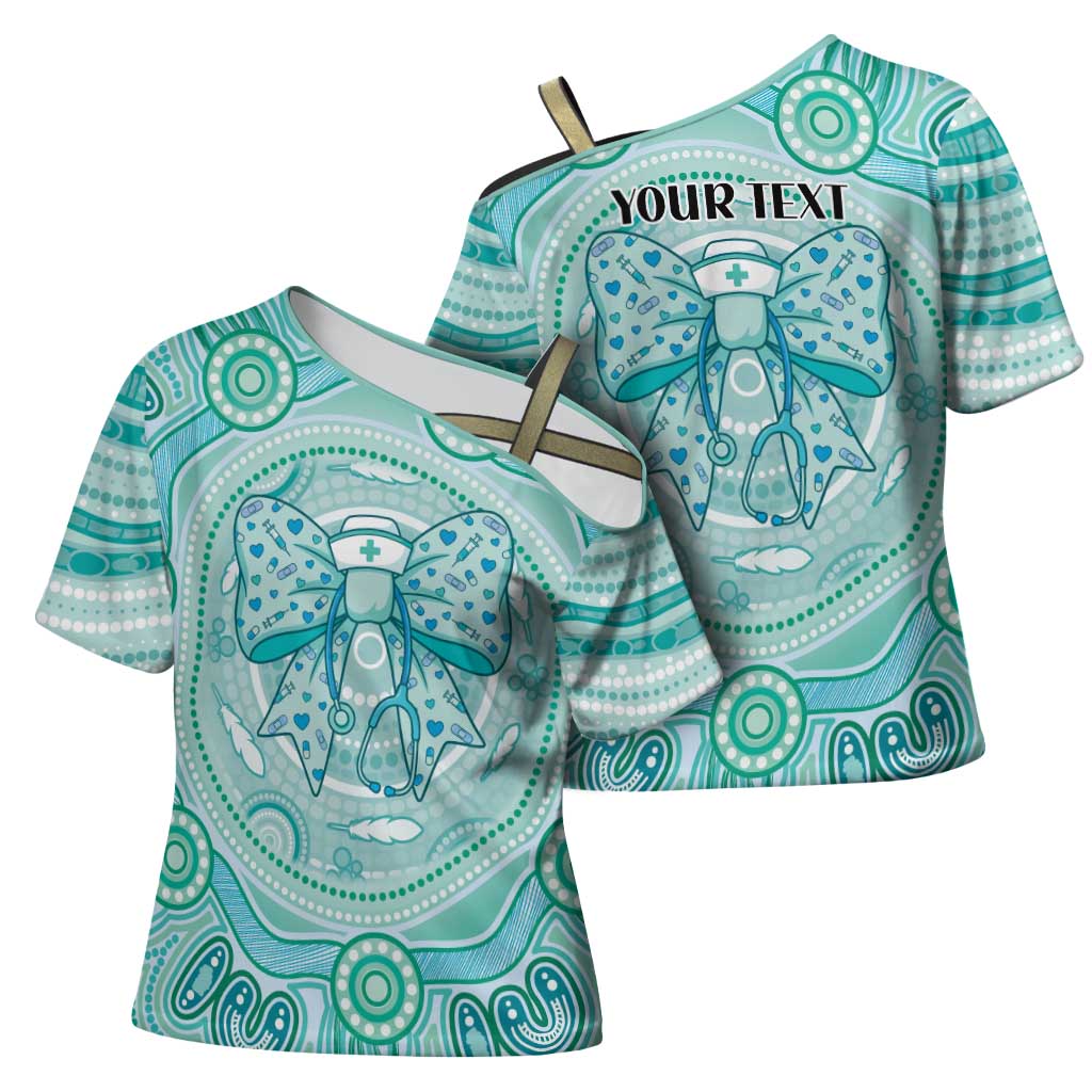 Aussie Nurse Personalised Cross Shoulder Shirt Turquoise Stethoscope Coquette Bow Aboriginal Dot Art