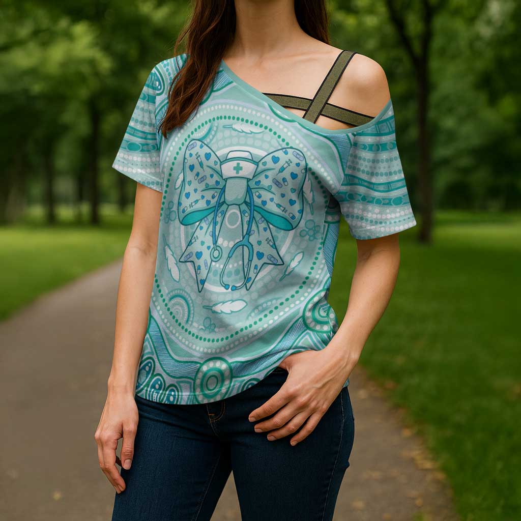 Aussie Nurse Personalised Cross Shoulder Shirt Turquoise Stethoscope Coquette Bow Aboriginal Dot Art