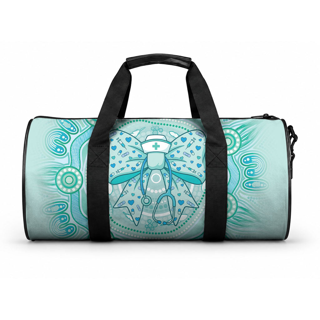 Aussie Nurse Duffle Bag Turquoise Stethoscope Coquette Bow Aboriginal Dot Art