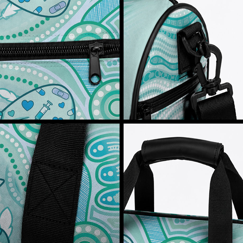 Aussie Nurse Duffle Bag Turquoise Stethoscope Coquette Bow Aboriginal Dot Art