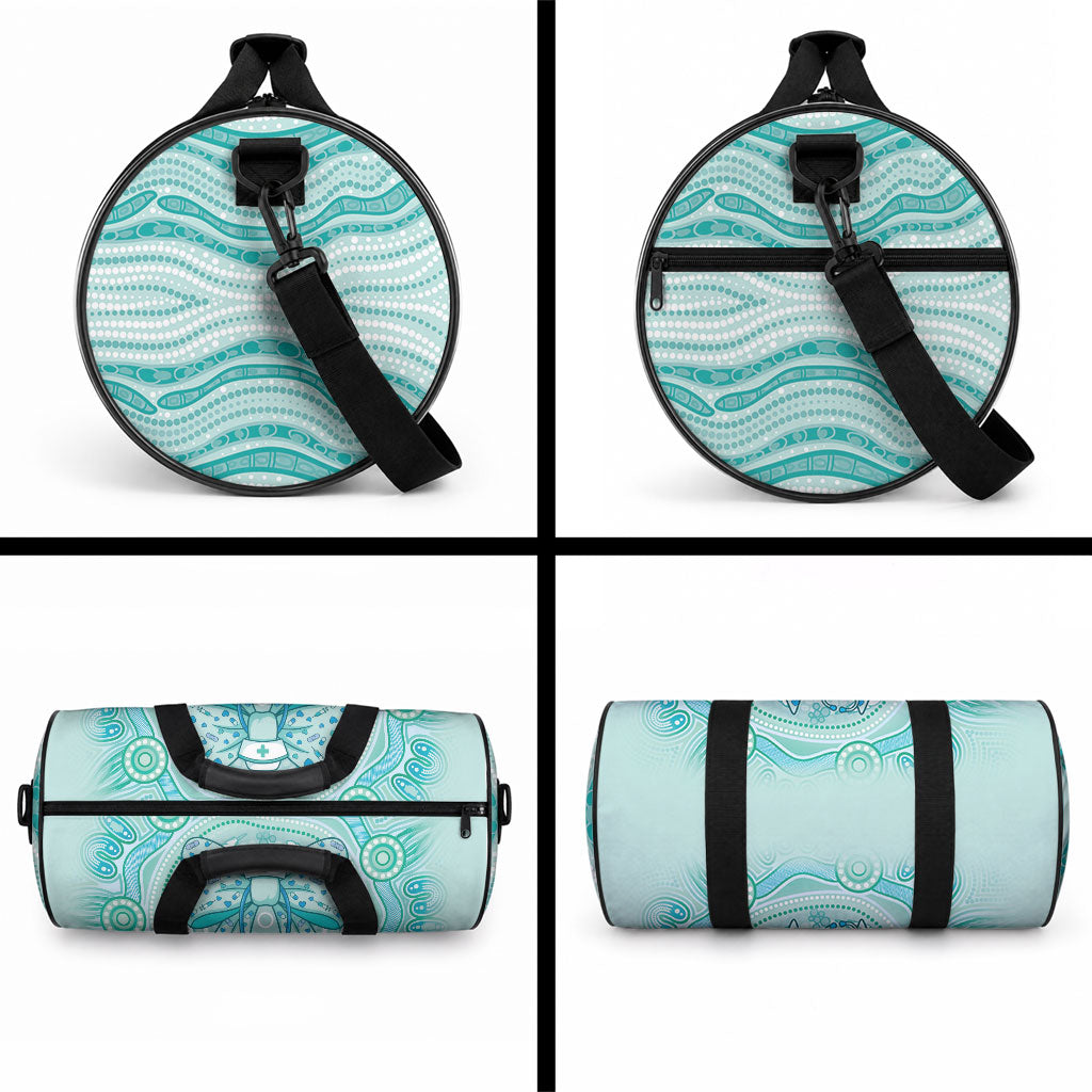 Aussie Nurse Duffle Bag Turquoise Stethoscope Coquette Bow Aboriginal Dot Art