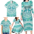 Aussie Nurse Personalised Family Matching Long Sleeve Bodycon Dress and Hawaiian Shirt Turquoise Stethoscope Coquette Bow Aboriginal Dot Art