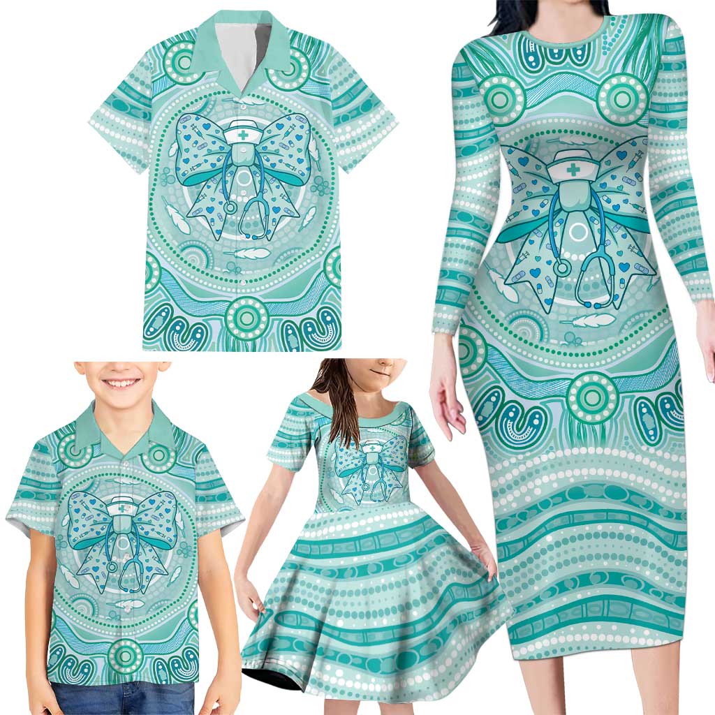 Aussie Nurse Personalised Family Matching Long Sleeve Bodycon Dress and Hawaiian Shirt Turquoise Stethoscope Coquette Bow Aboriginal Dot Art