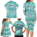 Aussie Nurse Personalised Family Matching Long Sleeve Bodycon Dress and Hawaiian Shirt Turquoise Stethoscope Coquette Bow Aboriginal Dot Art