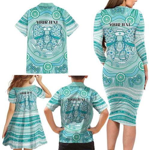 Aussie Nurse Personalised Family Matching Long Sleeve Bodycon Dress and Hawaiian Shirt Turquoise Stethoscope Coquette Bow Aboriginal Dot Art