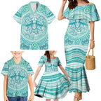 Aussie Nurse Personalised Family Matching Mermaid Dress and Hawaiian Shirt Turquoise Stethoscope Coquette Bow Aboriginal Dot Art