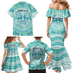 Aussie Nurse Personalised Family Matching Mermaid Dress and Hawaiian Shirt Turquoise Stethoscope Coquette Bow Aboriginal Dot Art