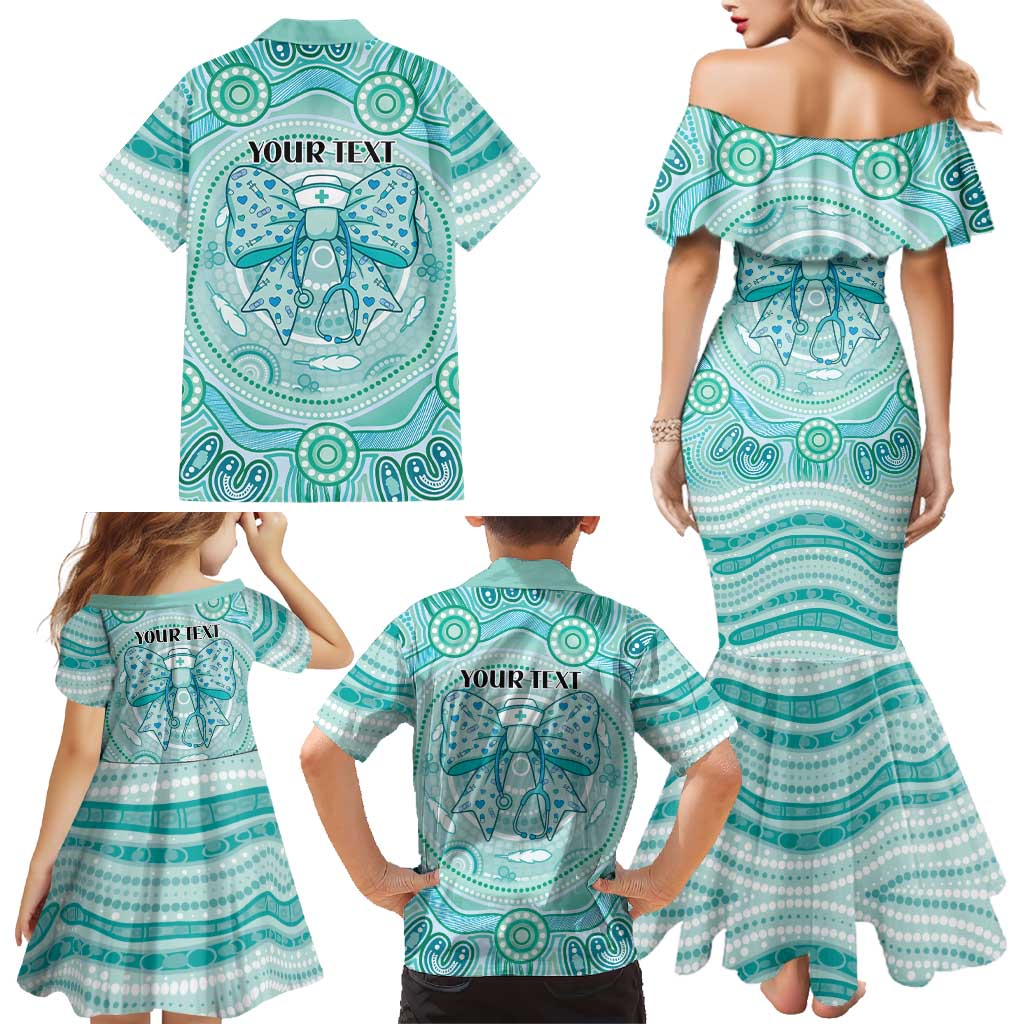 Aussie Nurse Personalised Family Matching Mermaid Dress and Hawaiian Shirt Turquoise Stethoscope Coquette Bow Aboriginal Dot Art