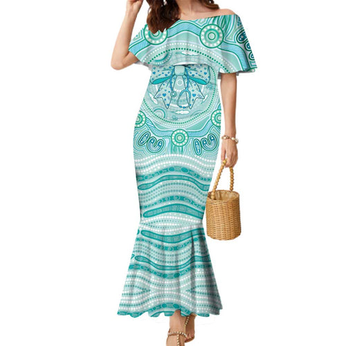 Aussie Nurse Personalised Family Matching Mermaid Dress and Hawaiian Shirt Turquoise Stethoscope Coquette Bow Aboriginal Dot Art