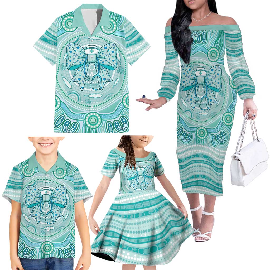 Aussie Nurse Personalised Family Matching Off The Shoulder Long Sleeve Dress and Hawaiian Shirt Turquoise Stethoscope Coquette Bow Aboriginal Dot Art