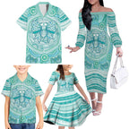 Aussie Nurse Personalised Family Matching Off The Shoulder Long Sleeve Dress and Hawaiian Shirt Turquoise Stethoscope Coquette Bow Aboriginal Dot Art