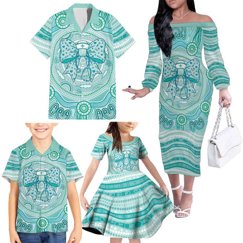 Aussie Nurse Personalised Family Matching Off The Shoulder Long Sleeve Dress and Hawaiian Shirt Turquoise Stethoscope Coquette Bow Aboriginal Dot Art
