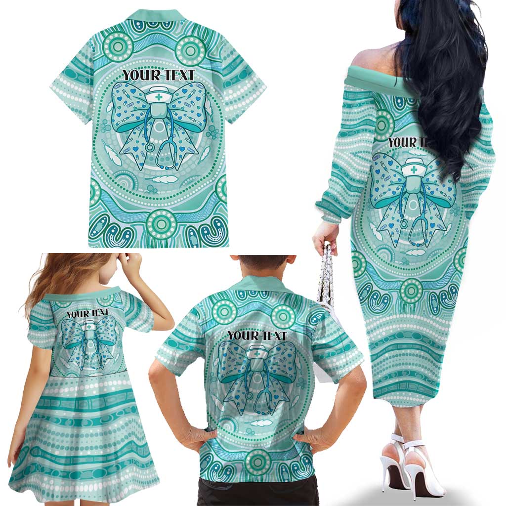 Aussie Nurse Personalised Family Matching Off The Shoulder Long Sleeve Dress and Hawaiian Shirt Turquoise Stethoscope Coquette Bow Aboriginal Dot Art