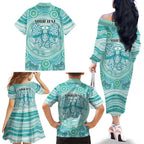 Aussie Nurse Personalised Family Matching Off The Shoulder Long Sleeve Dress and Hawaiian Shirt Turquoise Stethoscope Coquette Bow Aboriginal Dot Art
