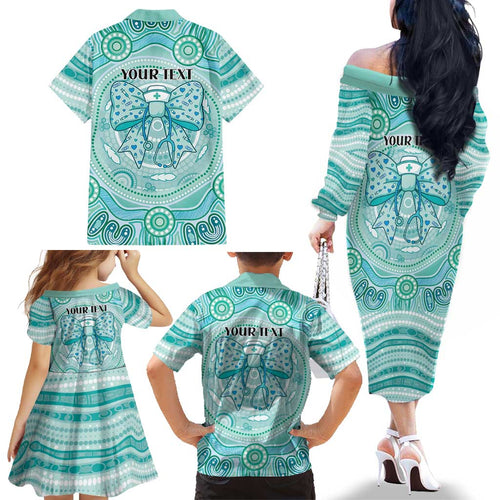 Aussie Nurse Personalised Family Matching Off The Shoulder Long Sleeve Dress and Hawaiian Shirt Turquoise Stethoscope Coquette Bow Aboriginal Dot Art