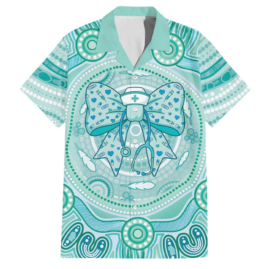 Aussie Nurse Personalised Family Matching Off The Shoulder Long Sleeve Dress and Hawaiian Shirt Turquoise Stethoscope Coquette Bow Aboriginal Dot Art