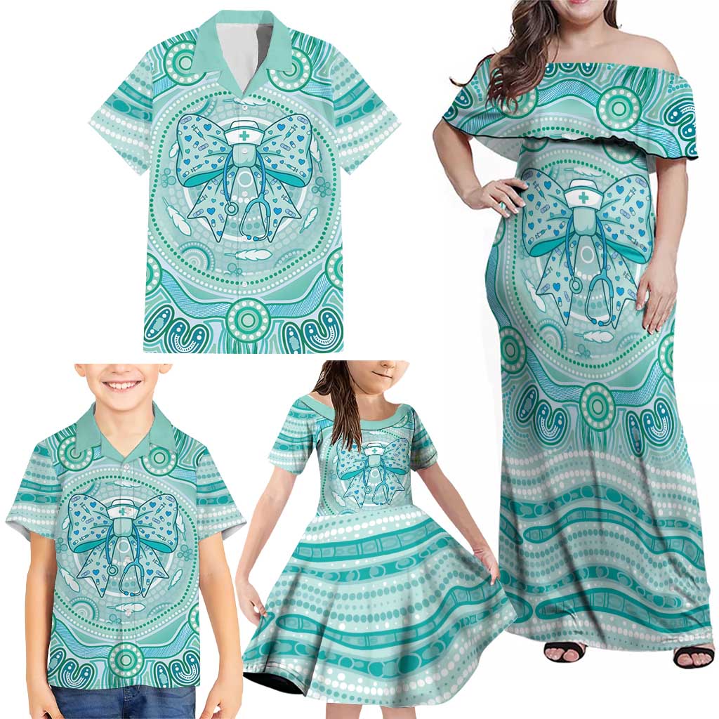 Aussie Nurse Personalised Family Matching Off Shoulder Maxi Dress and Hawaiian Shirt Turquoise Stethoscope Coquette Bow Aboriginal Dot Art