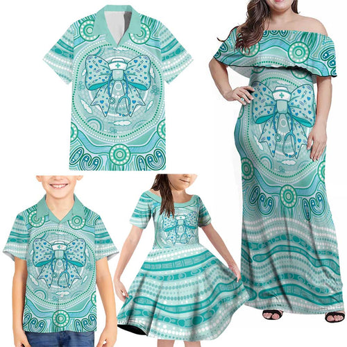 Aussie Nurse Personalised Family Matching Off Shoulder Maxi Dress and Hawaiian Shirt Turquoise Stethoscope Coquette Bow Aboriginal Dot Art