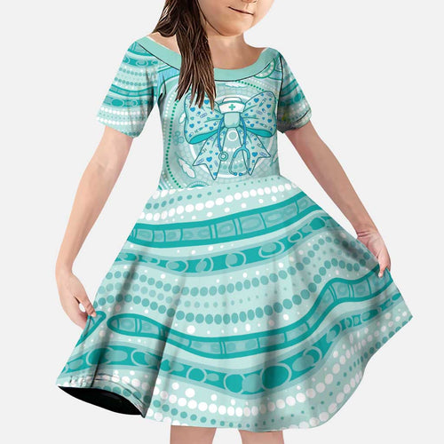 Aussie Nurse Personalised Family Matching Off Shoulder Maxi Dress and Hawaiian Shirt Turquoise Stethoscope Coquette Bow Aboriginal Dot Art