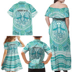 Aussie Nurse Personalised Family Matching Off Shoulder Maxi Dress and Hawaiian Shirt Turquoise Stethoscope Coquette Bow Aboriginal Dot Art