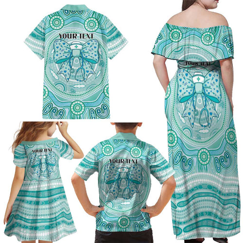 Aussie Nurse Personalised Family Matching Off Shoulder Maxi Dress and Hawaiian Shirt Turquoise Stethoscope Coquette Bow Aboriginal Dot Art