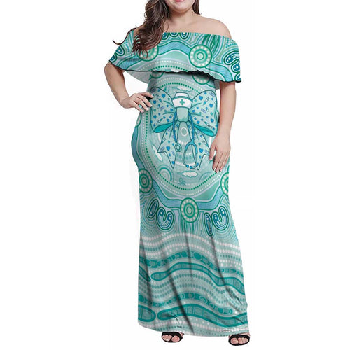 Aussie Nurse Personalised Family Matching Off Shoulder Maxi Dress and Hawaiian Shirt Turquoise Stethoscope Coquette Bow Aboriginal Dot Art