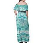 Aussie Nurse Personalised Family Matching Off Shoulder Maxi Dress and Hawaiian Shirt Turquoise Stethoscope Coquette Bow Aboriginal Dot Art