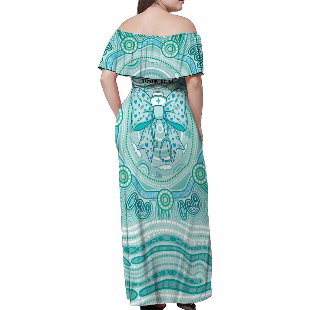 Aussie Nurse Personalised Family Matching Off Shoulder Maxi Dress and Hawaiian Shirt Turquoise Stethoscope Coquette Bow Aboriginal Dot Art