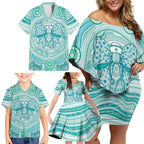 Aussie Nurse Personalised Family Matching Off Shoulder Short Dress and Hawaiian Shirt Turquoise Stethoscope Coquette Bow Aboriginal Dot Art