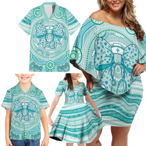Aussie Nurse Personalised Family Matching Off Shoulder Short Dress and Hawaiian Shirt Turquoise Stethoscope Coquette Bow Aboriginal Dot Art
