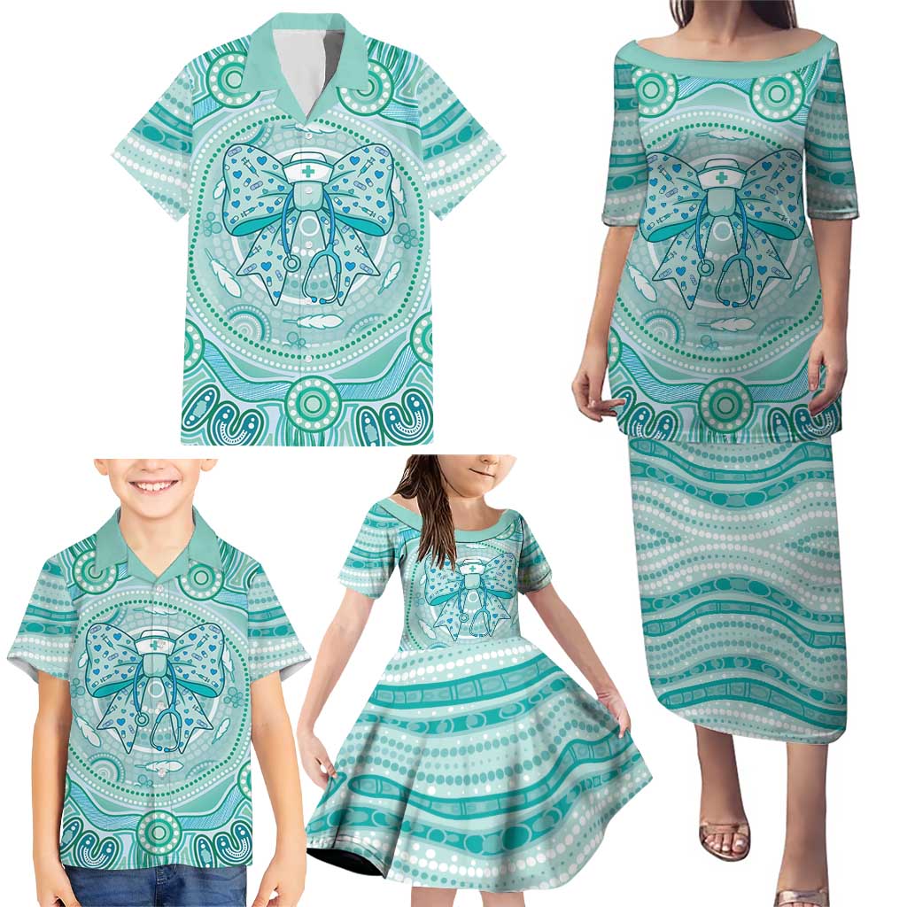 Aussie Nurse Personalised Family Matching Puletasi and Hawaiian Shirt Turquoise Stethoscope Coquette Bow Aboriginal Dot Art