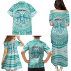 Aussie Nurse Personalised Family Matching Puletasi and Hawaiian Shirt Turquoise Stethoscope Coquette Bow Aboriginal Dot Art