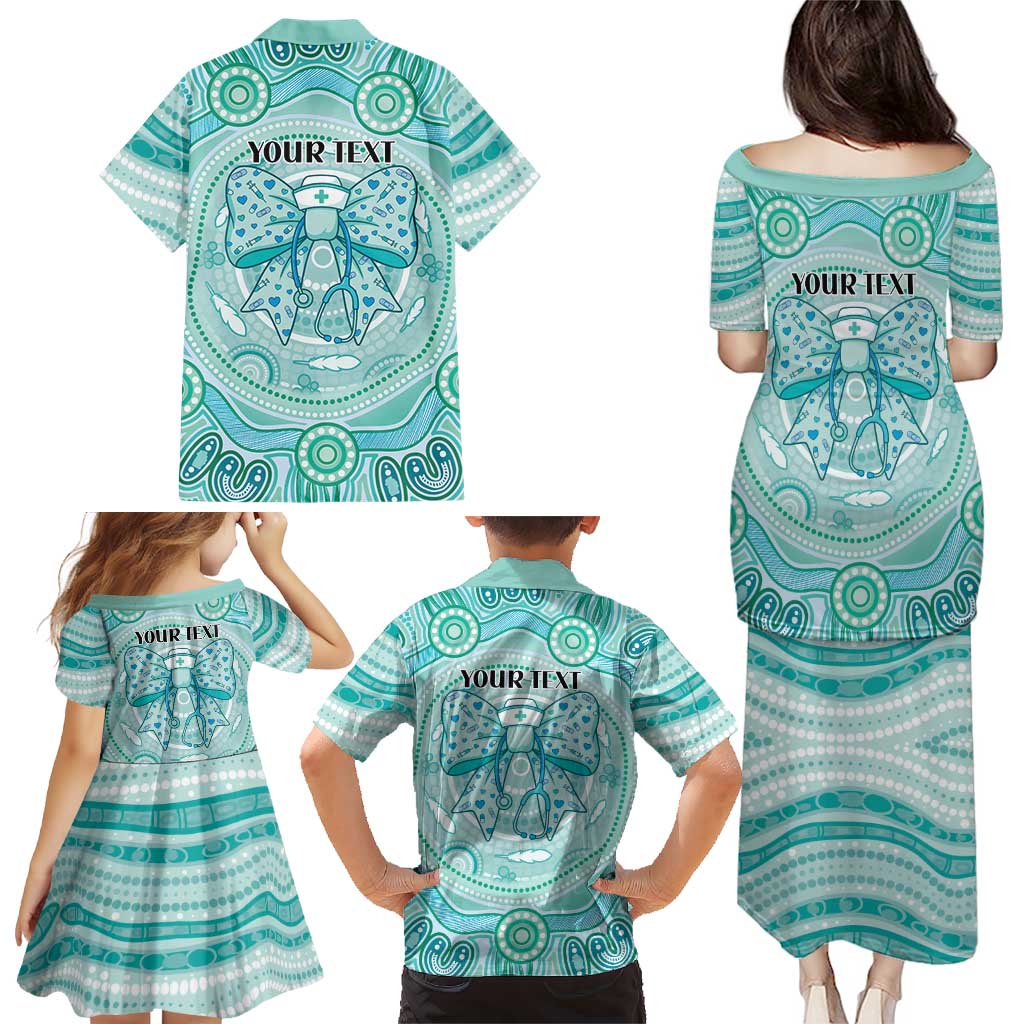 Aussie Nurse Personalised Family Matching Puletasi and Hawaiian Shirt Turquoise Stethoscope Coquette Bow Aboriginal Dot Art