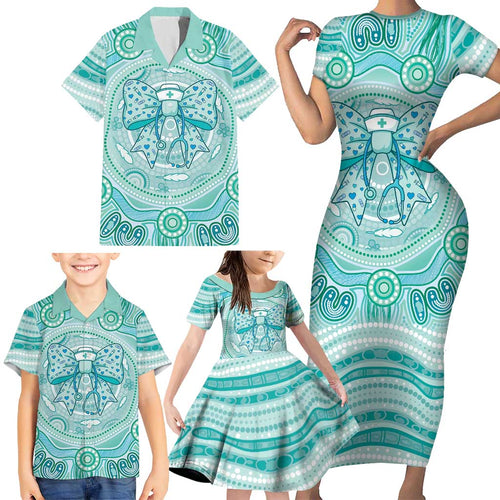 Aussie Nurse Personalised Family Matching Short Sleeve Bodycon Dress and Hawaiian Shirt Turquoise Stethoscope Coquette Bow Aboriginal Dot Art
