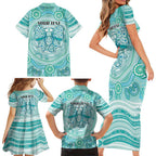Aussie Nurse Personalised Family Matching Short Sleeve Bodycon Dress and Hawaiian Shirt Turquoise Stethoscope Coquette Bow Aboriginal Dot Art