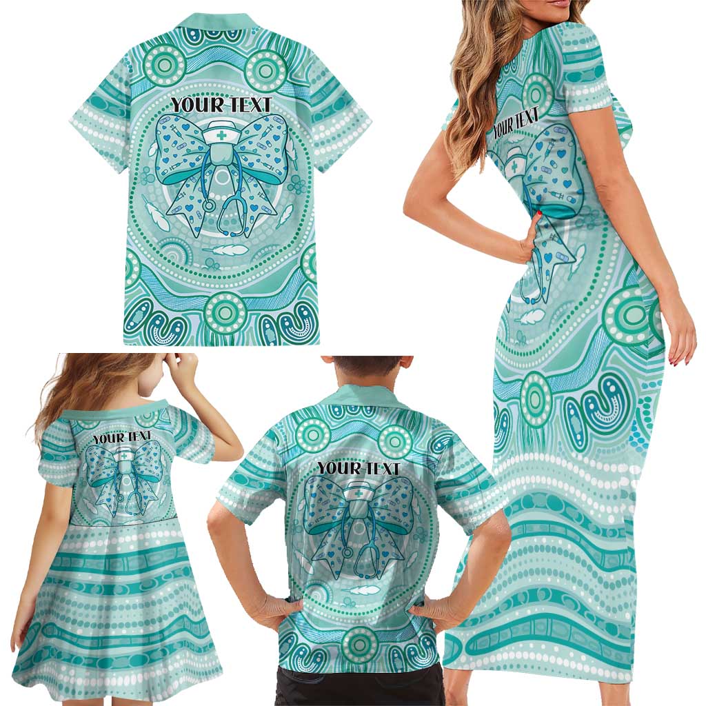 Aussie Nurse Personalised Family Matching Short Sleeve Bodycon Dress and Hawaiian Shirt Turquoise Stethoscope Coquette Bow Aboriginal Dot Art