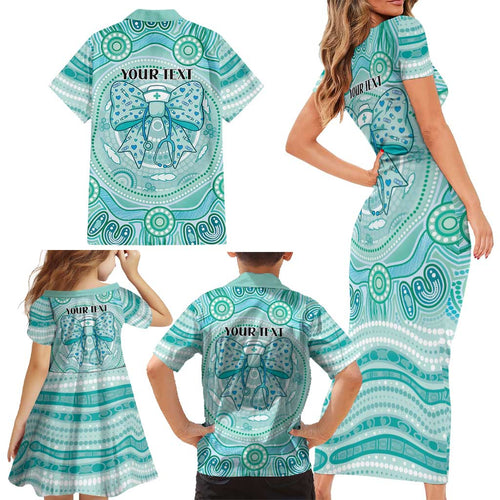 Aussie Nurse Personalised Family Matching Short Sleeve Bodycon Dress and Hawaiian Shirt Turquoise Stethoscope Coquette Bow Aboriginal Dot Art