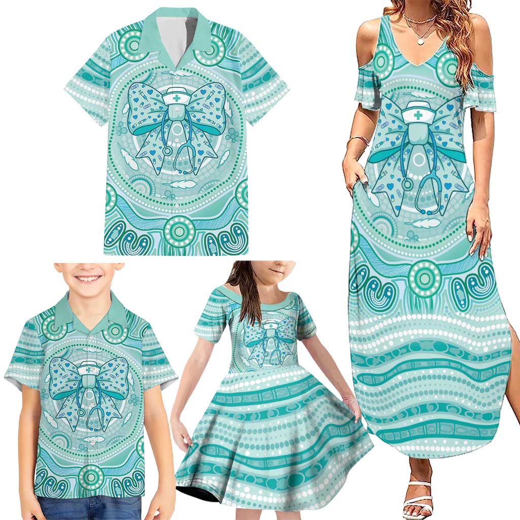 Aussie Nurse Personalised Family Matching Summer Maxi Dress and Hawaiian Shirt Turquoise Stethoscope Coquette Bow Aboriginal Dot Art