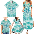 Aussie Nurse Personalised Family Matching Summer Maxi Dress and Hawaiian Shirt Turquoise Stethoscope Coquette Bow Aboriginal Dot Art